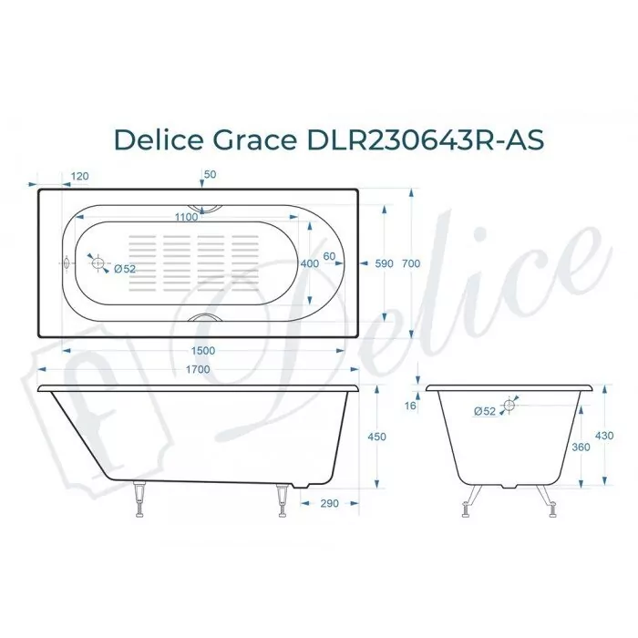 картинка Ванна чугунная Delice Grace 170х70 с отверстиями под ручки и антискользящим покрытием DLR230643R-AS с ножками и переливом DLR000017 