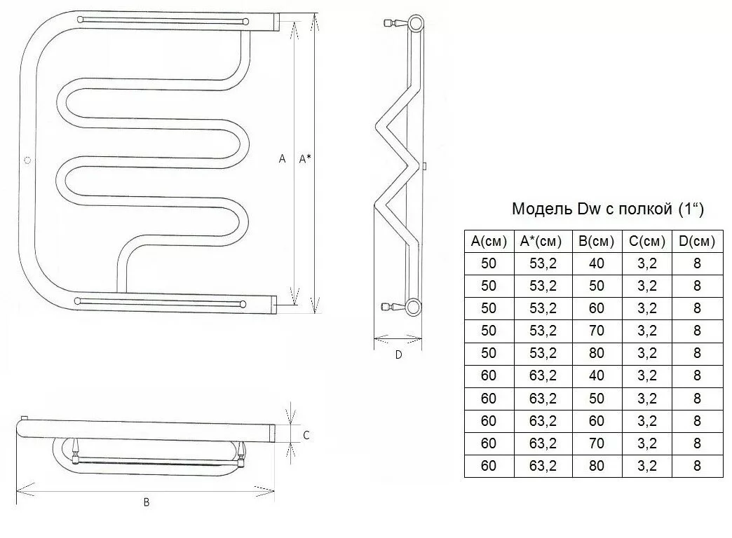картинка Полотенцесушитель Двин Dw 50/50 1"-1/2" С полкой Водяной К0, Полированный (4627085930860) 