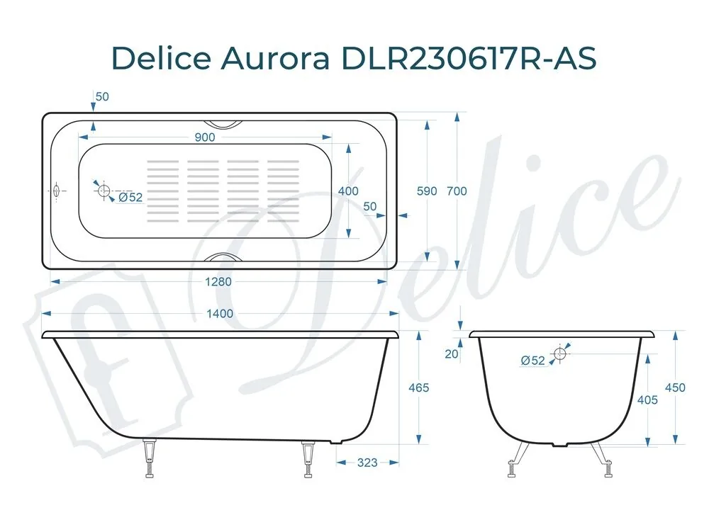 картинка Ванна чугунная Delice Aurora 140х70 с отверстиями под ручки и антискользящим покрытием DLR230617R-AS 