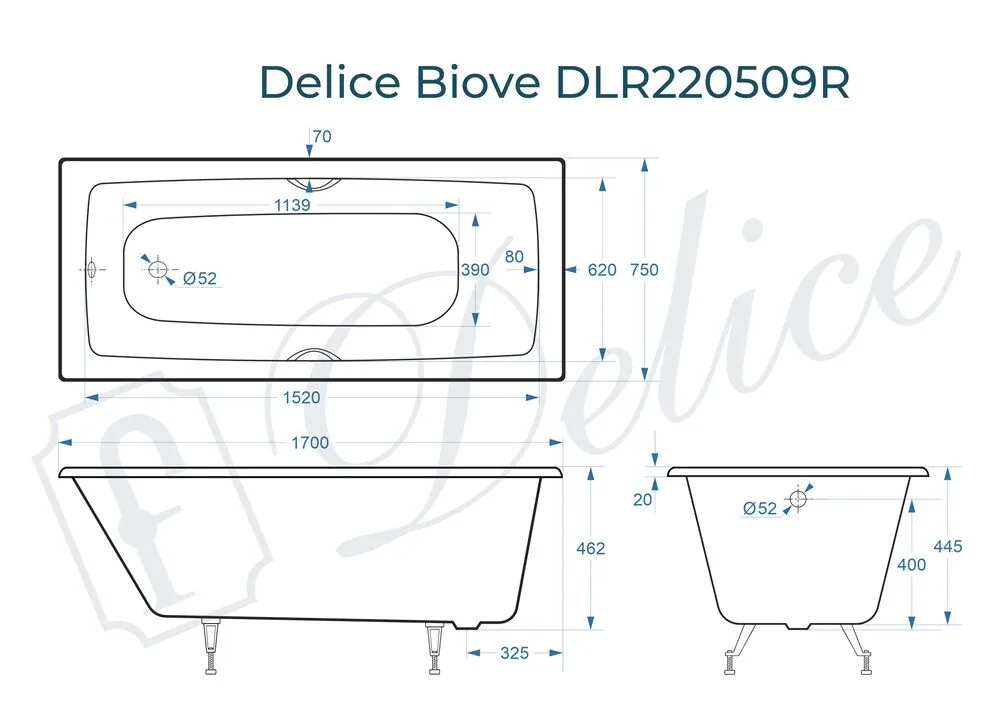 картинка Ванна чугунная Delice Biove 170х75 с ручками DLR220509R 