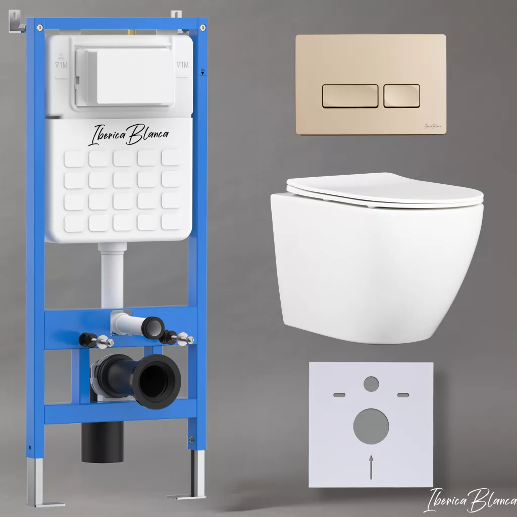 картинка Комплект 3 в 1 IBERICA BLANCA инсталляция с унитазом BILBAO ALTO IB.BLA.234.1B1 клавишей золото матовое ESTI-R IB.B021.005.000 