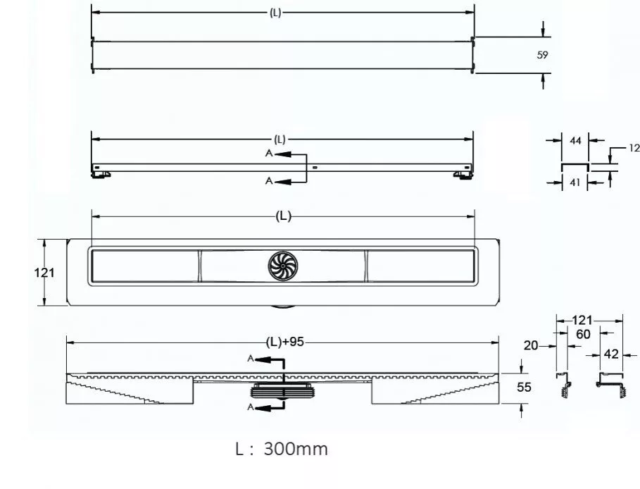 картинка Желоб водосток BERGES C1 Norma 300, матовый хром, вертикальный выпуск S-сифон D50/105 мм H30/80 мм 