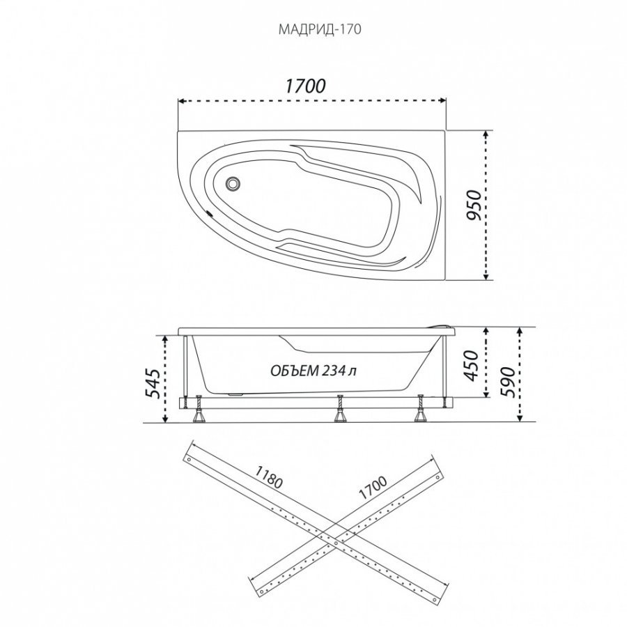 картинка Акриловая ванна 1ACReal Мадрид 170 правая с каркасом и слив-переливом 