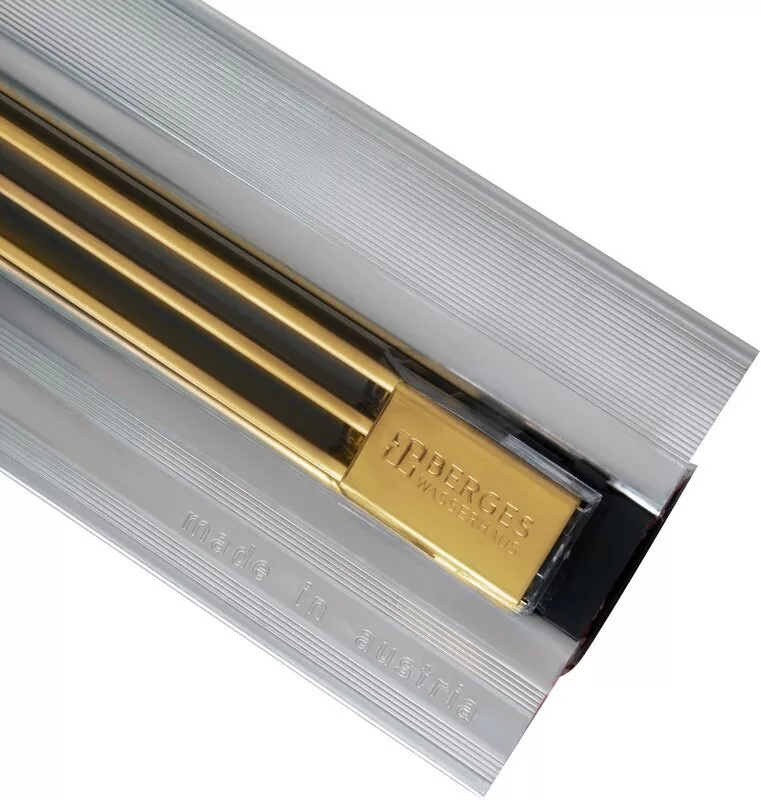 картинка Желоб водосток BERGES SUPER Slim 1000, золото глянец, боковой выпуск S-сифон D50 H60 