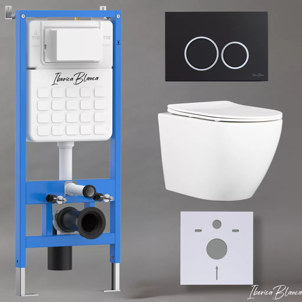 картинка Комплект 3 в 1 IBERICA BLANCA инсталляция с унитазом BILBAO ALTO IB.BLA.234.1B1 клавишей черный матовый ESTI-O IB.B082.002.000 