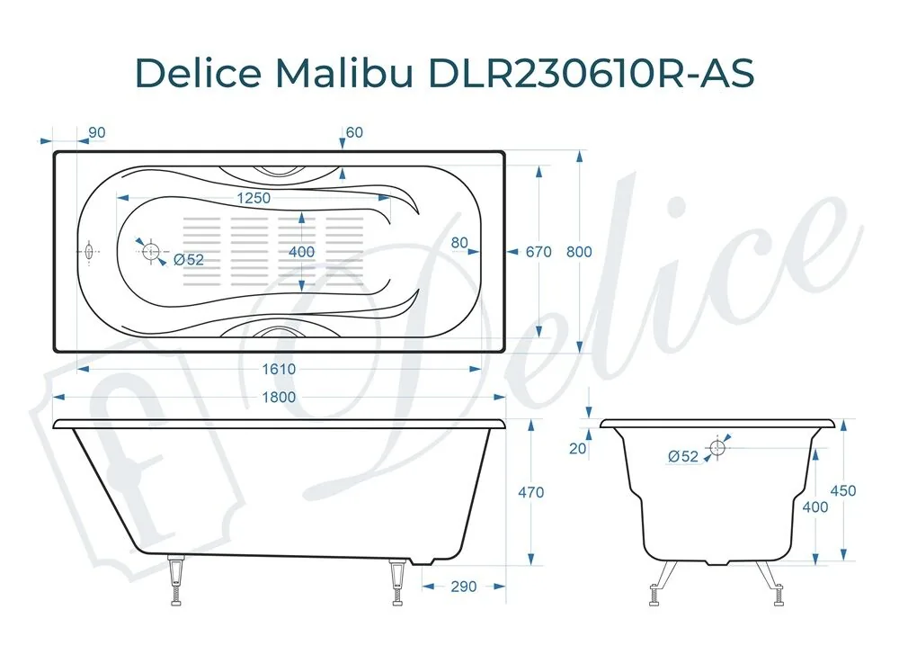 картинка Ванна чугунная Delice Malibu 180х80 с отверстиями под ручки и антискользящим покрытием DLR230610R-AS 
