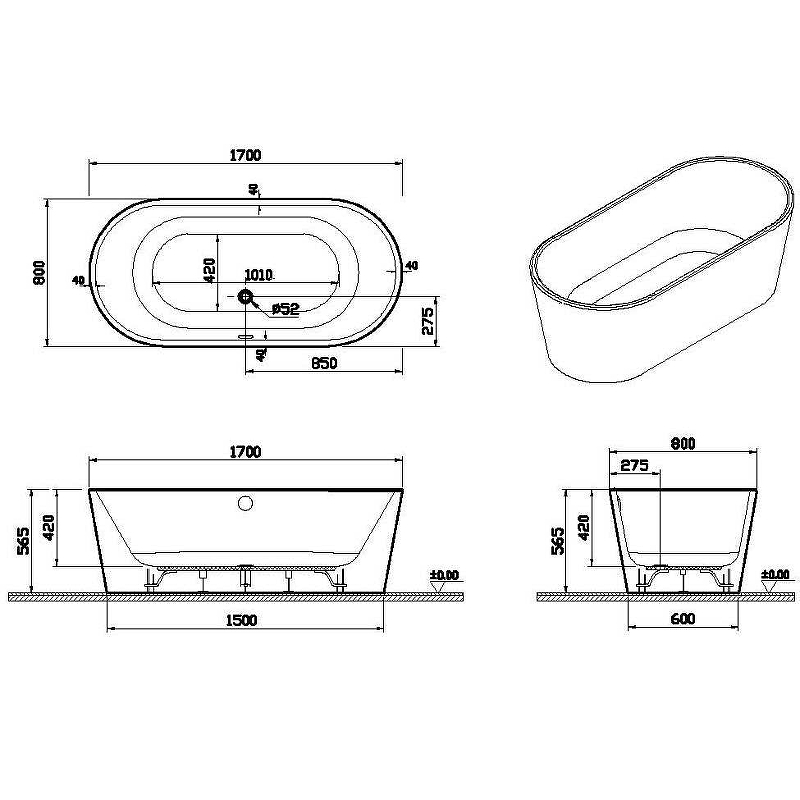 картинка Ванна VitrA Geo 170x80 отдельностоящая+ножки+скрытый сифон 