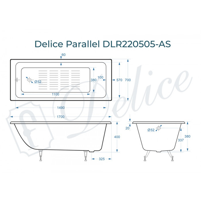 картинка Ванна чугунная Delice Parallel 1700х700 без ручек с ножками и антискользящим покрытием 