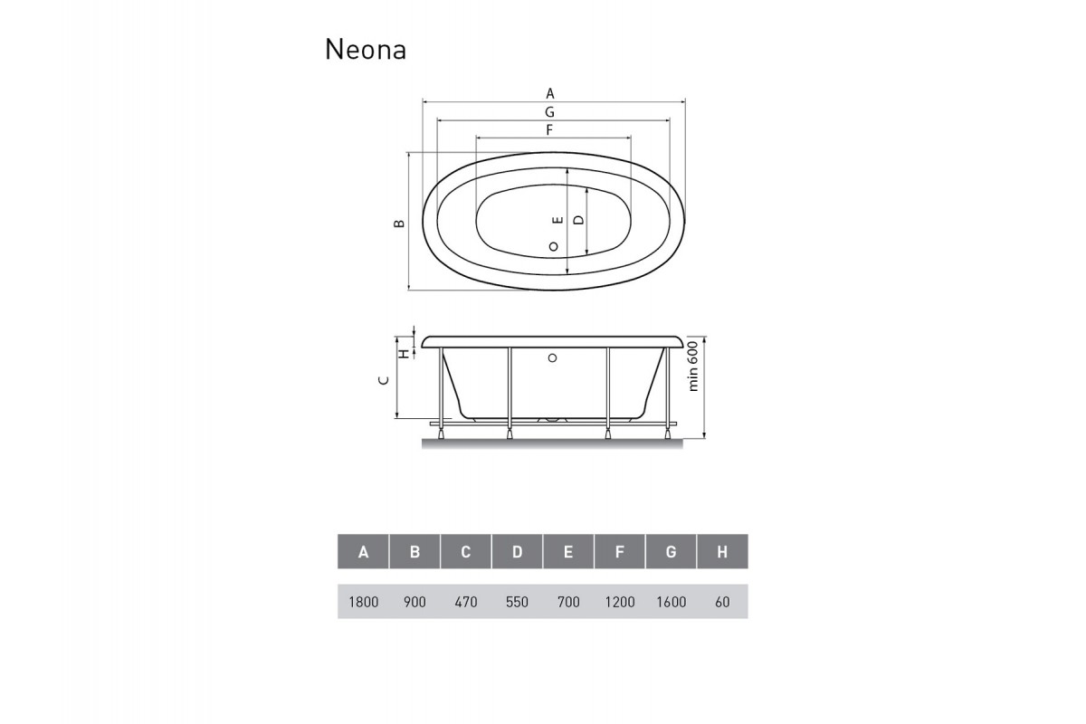 картинка Акриловая ванна Relisan Neona 180x90 с каркасом и слив-переливом 