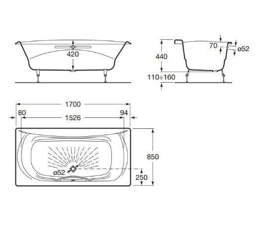 картинка Чугунная ванна Roca Akira 23257000R 170х85 см с ручкой 526804010 