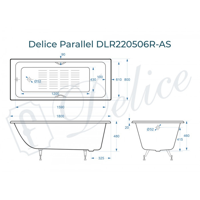 картинка Ванна чугунная Delice Parallel 1800х800 с ручками, ножками и антискользящим покрытием 