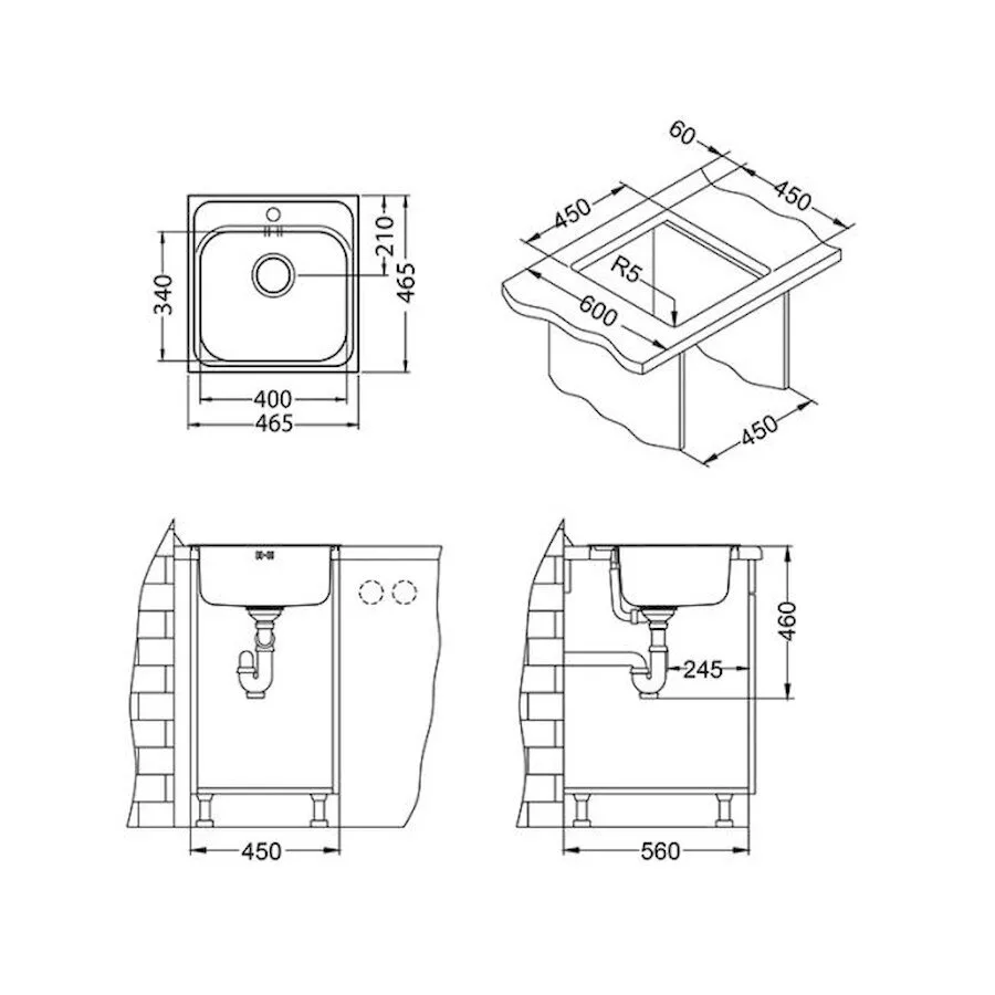 картинка Мойка Alveus BASIC 140 SAT-90 465 X 465 в комплекте с сифоном 