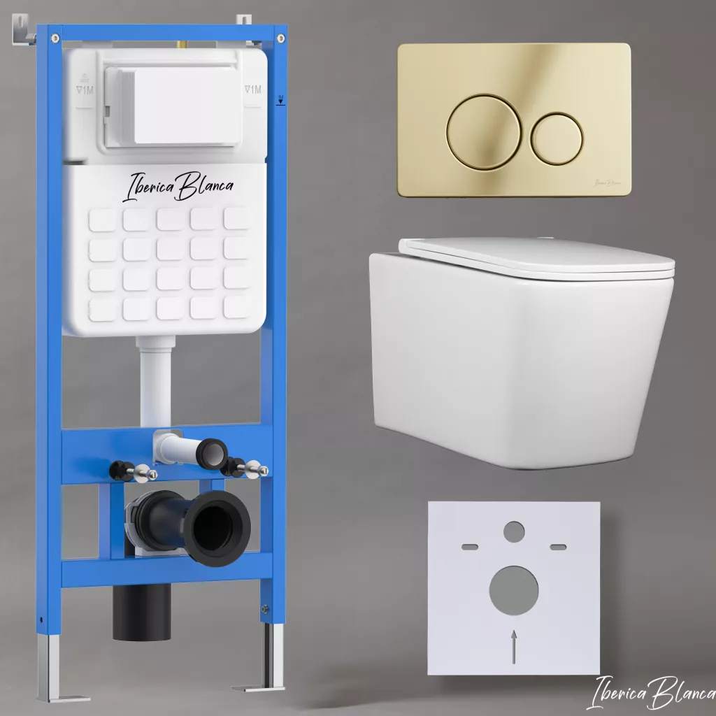 картинка Комплект 3 в 1 IBERICA BLANCA инсталляция с унитазом TOLEDO ALTO IB.TLA.234.1B1 клавишей шампань-золото глянцевый INOX-O IB.B081.006.002 