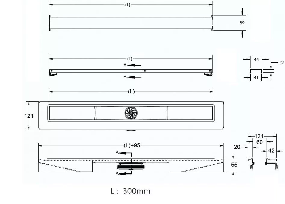 картинка Желоб водосток BERGES C1 Brise 300, матовый хром, боковой выпуск S-сифон D50 H60 