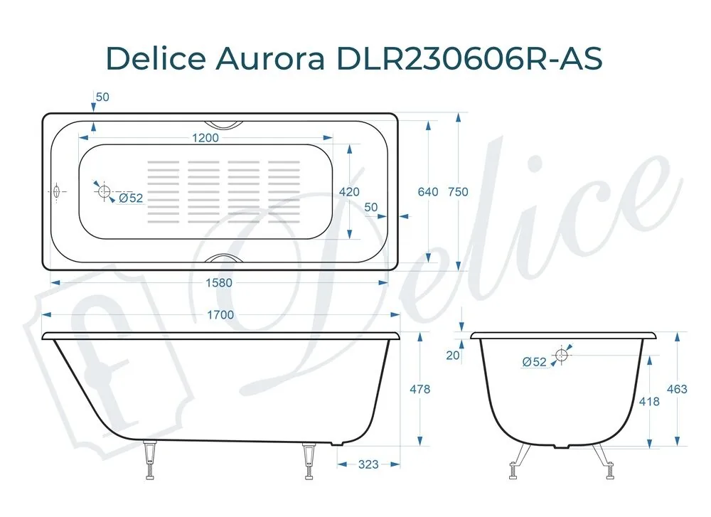 картинка Ванна чугунная Delice Aurora 170х75 с отверстиями под ручки и антискользящим покрытием DLR230606R-AS 