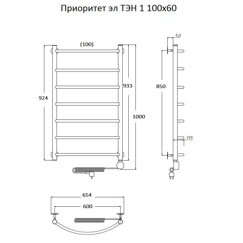 картинка Полотенцесушитель Тругор Приоритет эл ТЭН 1 100*60 (ЛЦ2) (Приоритет1/элТЭН10060) 